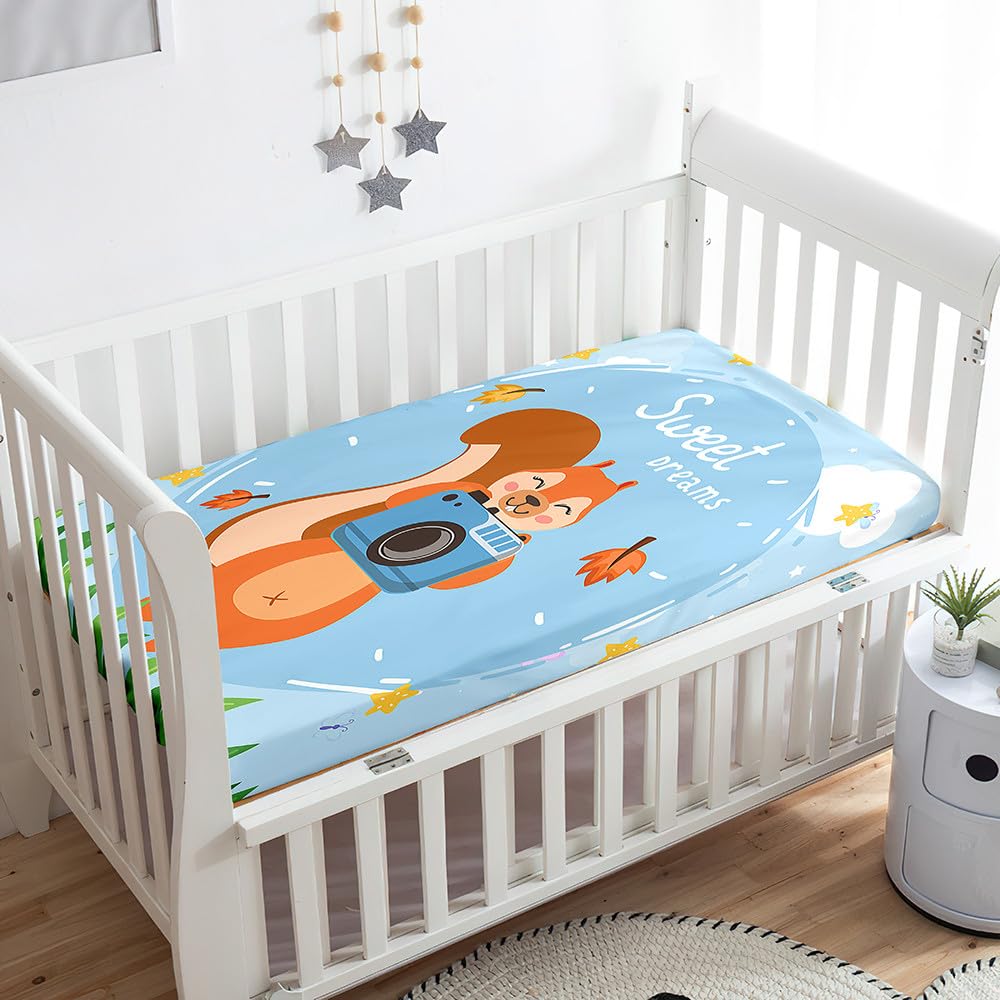Odot Cot Bed Sheets Squirrel Pattern Bedside Cribs Fitted Sheets, Baby Bed Sheets Microfiber Cot Bed Mattress Protector, Bassinet Sheets, Easy Care Soft and Dureable (Sky Blue,80x160 cm)