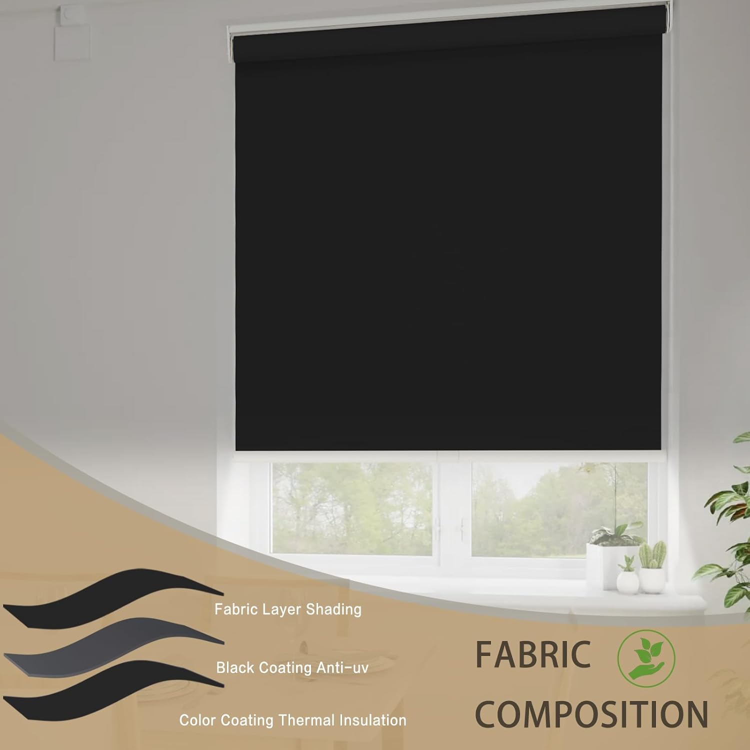 Changshade Blackout Roller Shades for Indoor Windows,Cordless Roller Blinds,Free-Stop Roll Up Shades with Thermal Insulated, Uv Protection Fabric for Bedroom,Office,French Door,Black,20" W72 H Black 20"W72"H