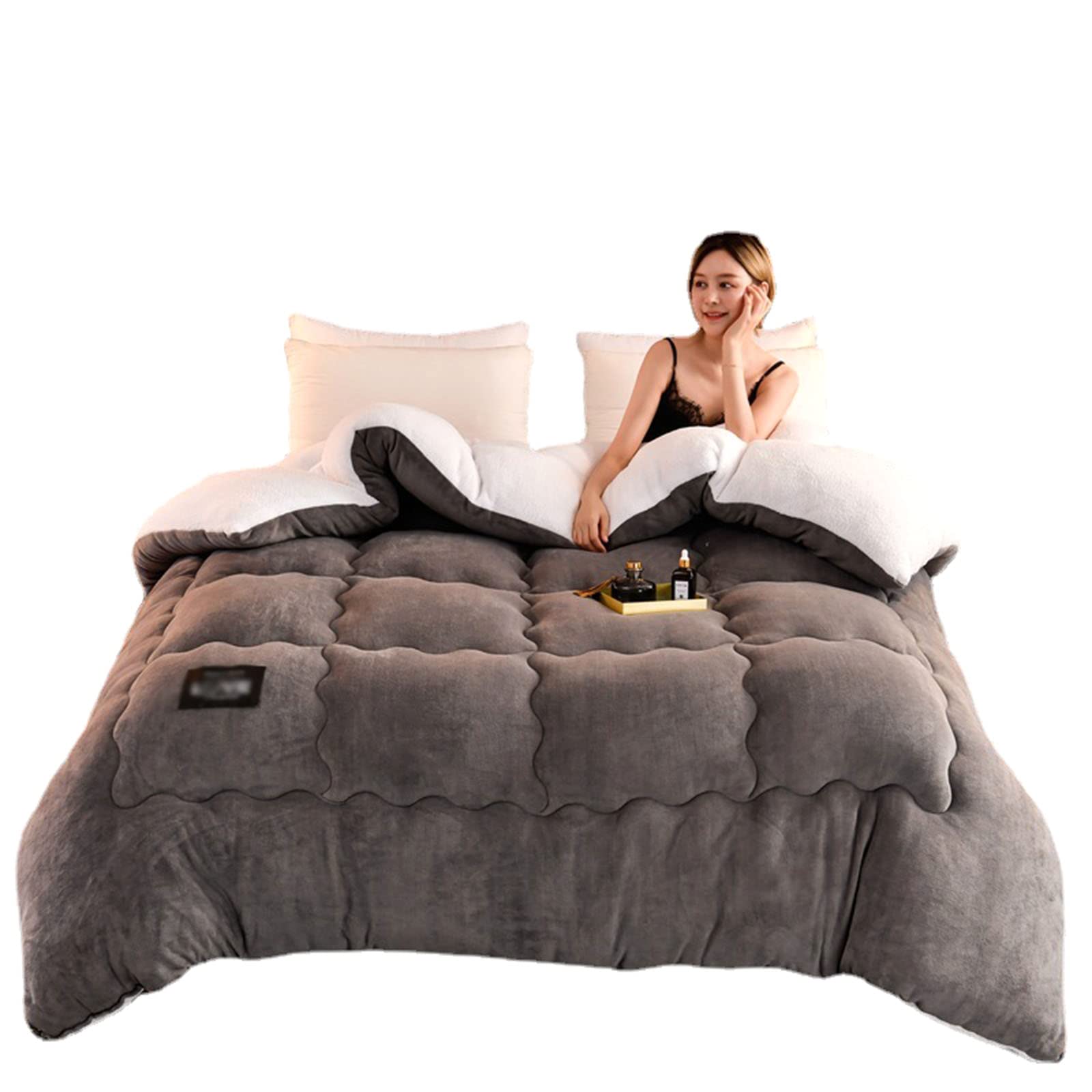 BDMFJY Trapunta Invernale, Cristallo Velluto + Similpelle Doppia Cashmere Imitazione Agnello, Imbottitura in Cotone Pieno, Coperta Pesante per Letto Matrimoniale in Inverno,A,200x230cm(3kg