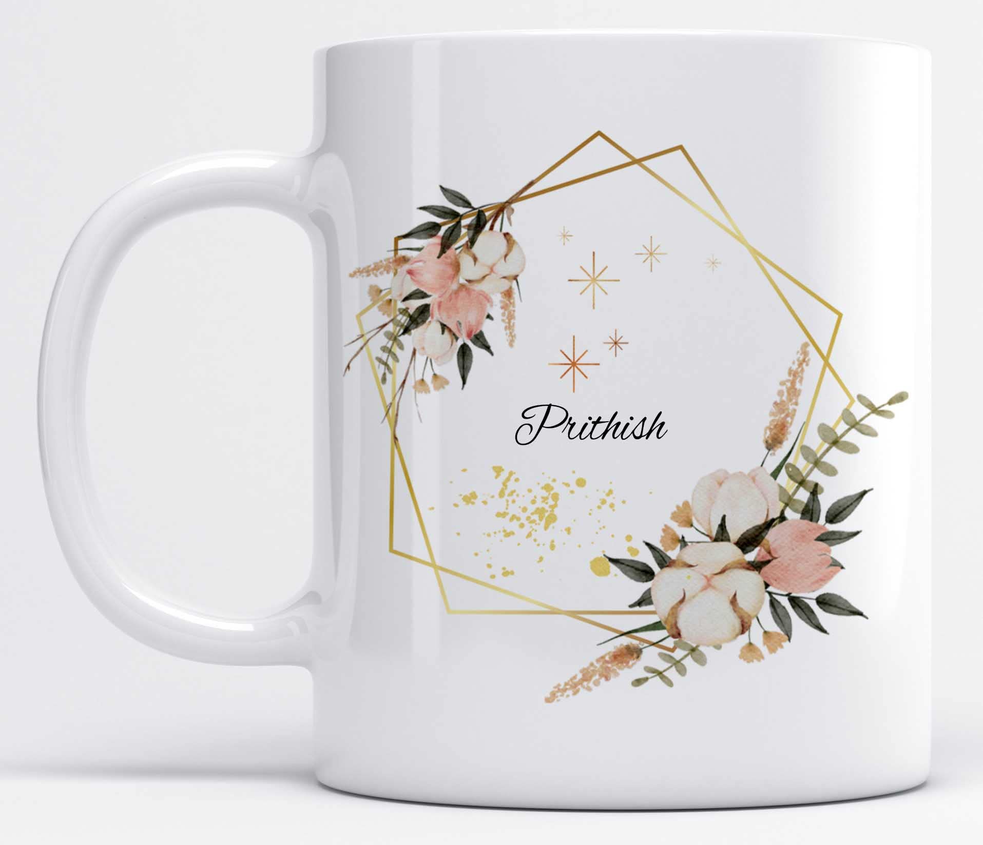 LOROFY Name Prithish Printed Pentagon Floral Design White Ceramic Coffee Mug (350ML)