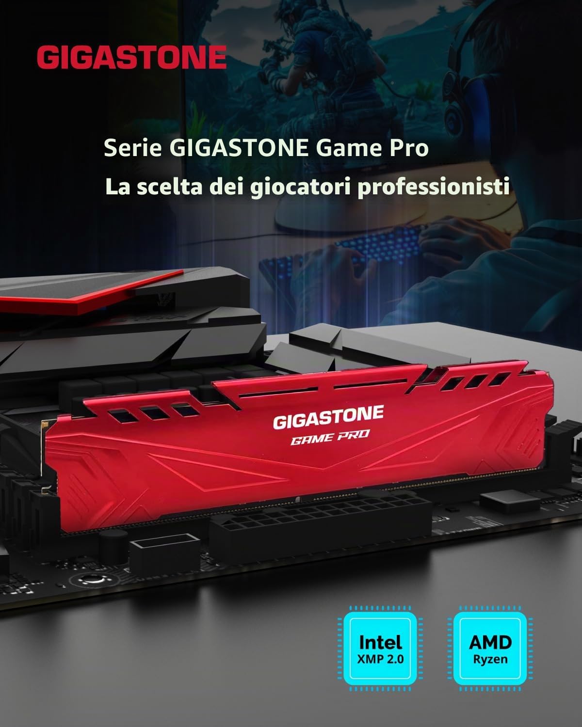 【DDR4 RAM】GIGASTONE Game PRO 16GB Kit(2x8GB) DDR4 3200MHz PC4-25600 CL 16-18-18-40 XMP 2.0 AMD Ryzen 1.35V UDIMM 288pin Unbuffered Non ECC Ideale PC Desktop alta prestazione Memoria-Rosso