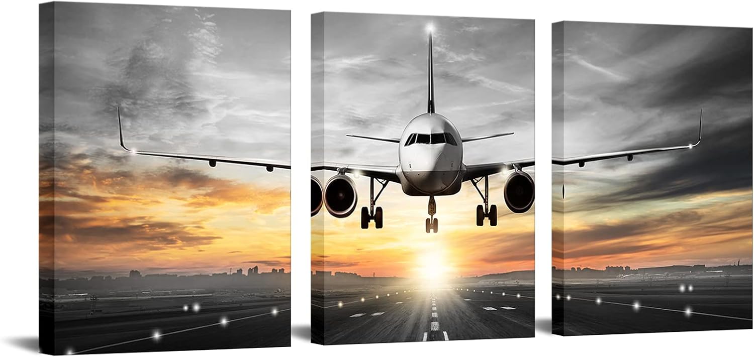 OuElegent Airplane Canvas Wall Art Decor Aircraft Flying over Runway Along With Sunset Prints Modern Gray and White Painting Pictures for Home Office Airport Framed Ready to Hang 12″x16″x3 Panels