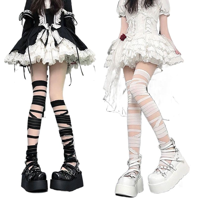 Image of 2 Pack Gothic Tights Stockings for Women Trashy Y2k Ripped Tights Women's Sheer Thigh High Socks