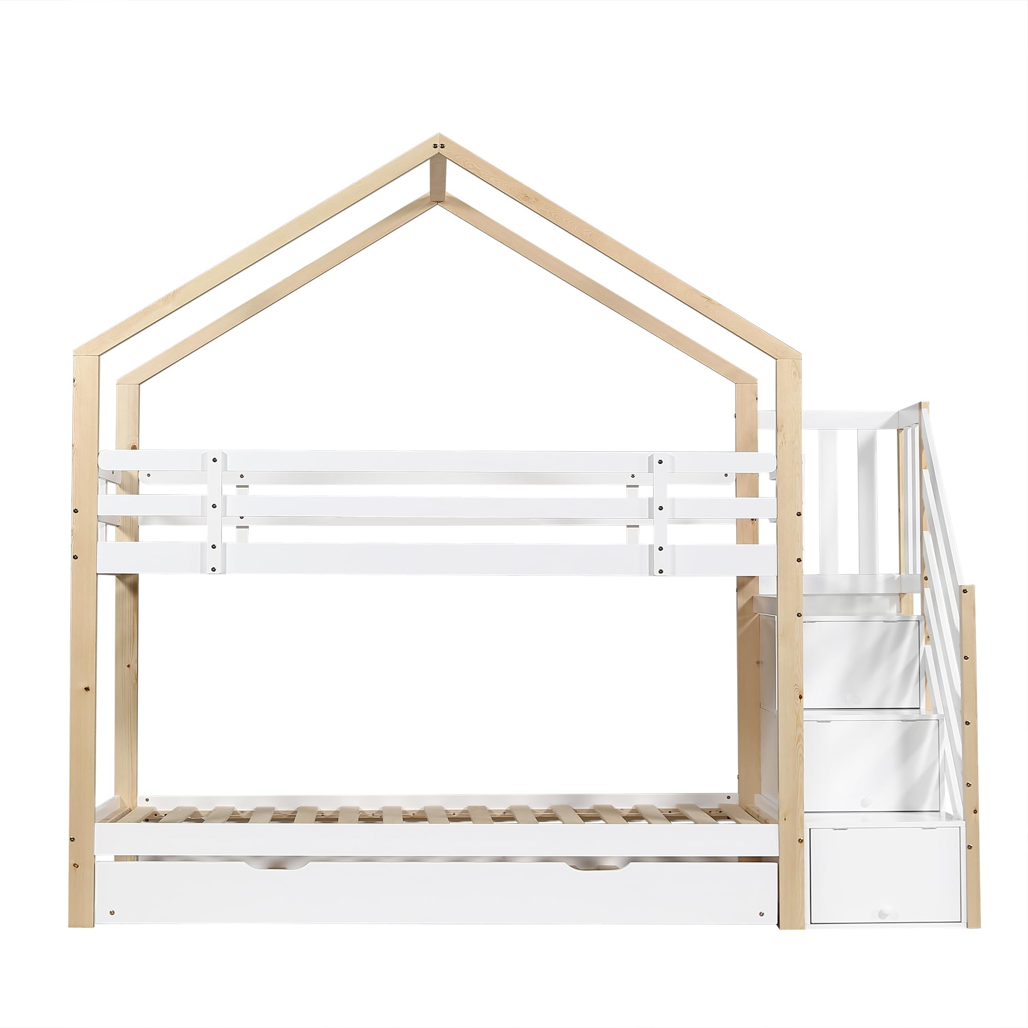 Rtopsu Letto per Bambini a Castello 90x200 cm con Letto Estraibile, Letto a Soppalco per Ragazzi con Scale e Contenitore Cassetti, Rete a Doghe in Legno, Bianco, Senza Materasso