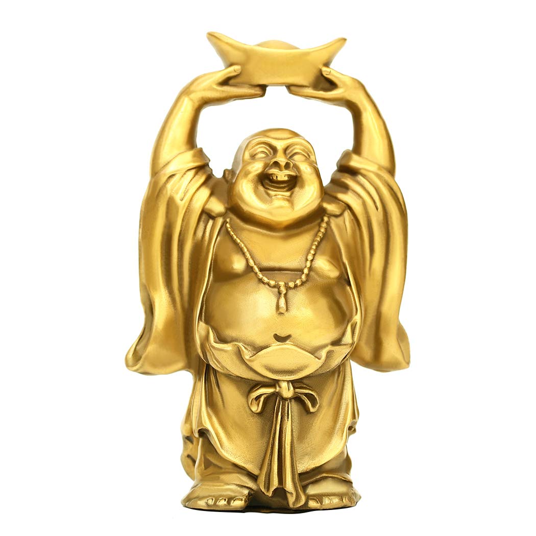 Pop Top Brass Statue Feng Shui Ornament Laughing Buddha Holding Ingot Medium Home Office Decorative Figurine Talisman Attract Wealth PTZY054