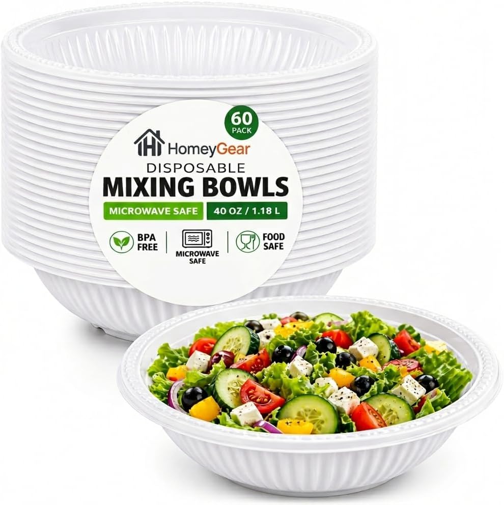 Disposable Plastic Mixing Bowls, 60 Pack, 40 oz Large Heavy Duty Bowls, Microwave Safe, BPA Free, Durable for Mixing, Meal Prep, Salad, Baking & Food Prep