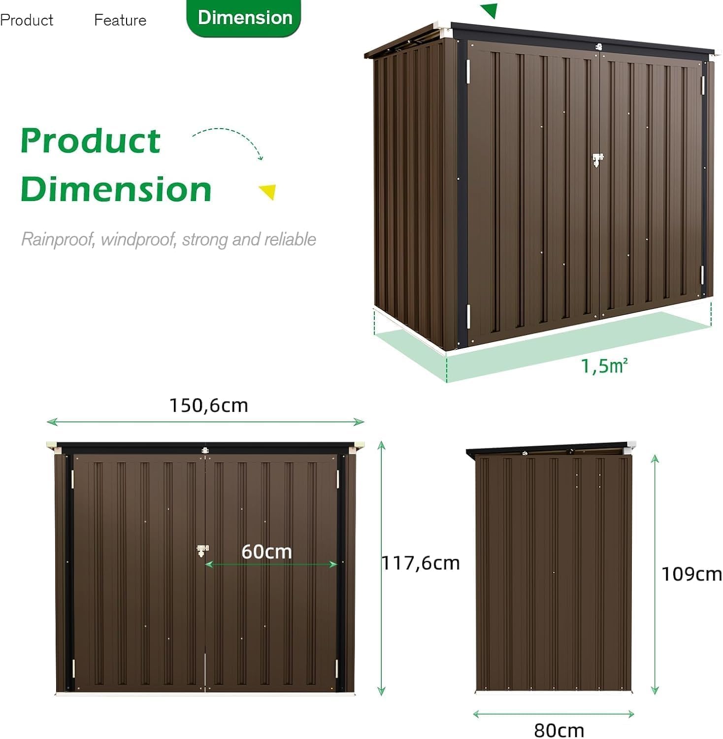 YODOLLA Mülltonnenbox 2er mit Gasdruckfeder, Gartenschrank Metall, Braun | Wetterfest Abschließbar Geräteschuppen für den Außenbereich, 150,6 x 80 x 117,6cm, 1300L