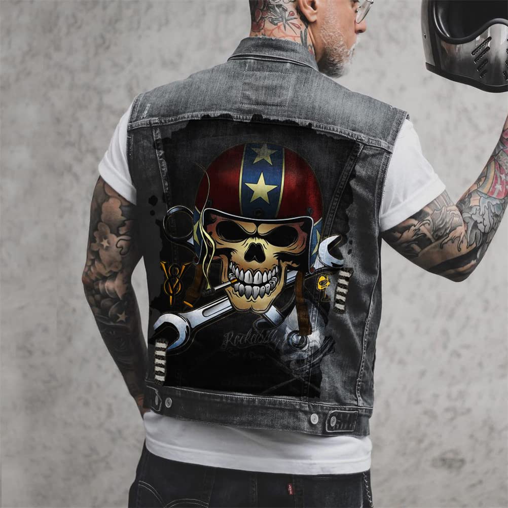 ORANDESIGNE Homme Gilet en Jean Veste Courte Sans Manches en Jean Vintage Délavé Décontractée Manteau Punk Impression de Graffitis Gilet Denim Veste de Moto