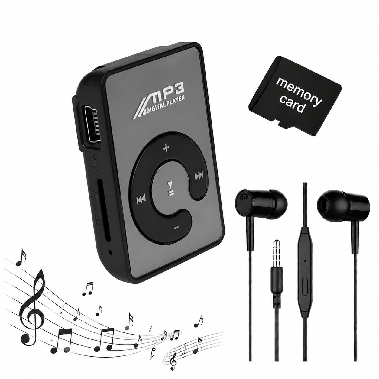bigasuo mini mirror clip usb digital mp3 music player support 8gb sd tf card black, dark black