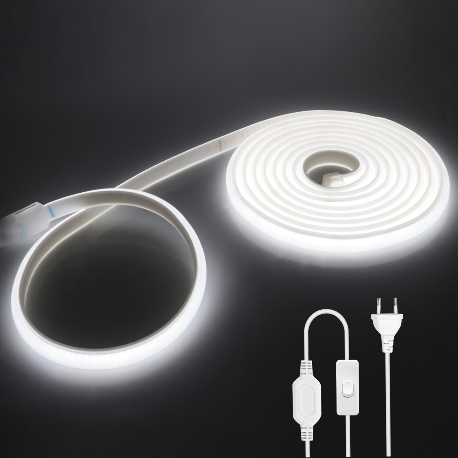 220V Tiras de luces LED COB flexibles Con Encendido/Apagado [15m, (Luz blanca 6000-6500K)], CRI85+, 288 LED/m, diseño DIY, luz de neón impermeable para el hogar y la tienda