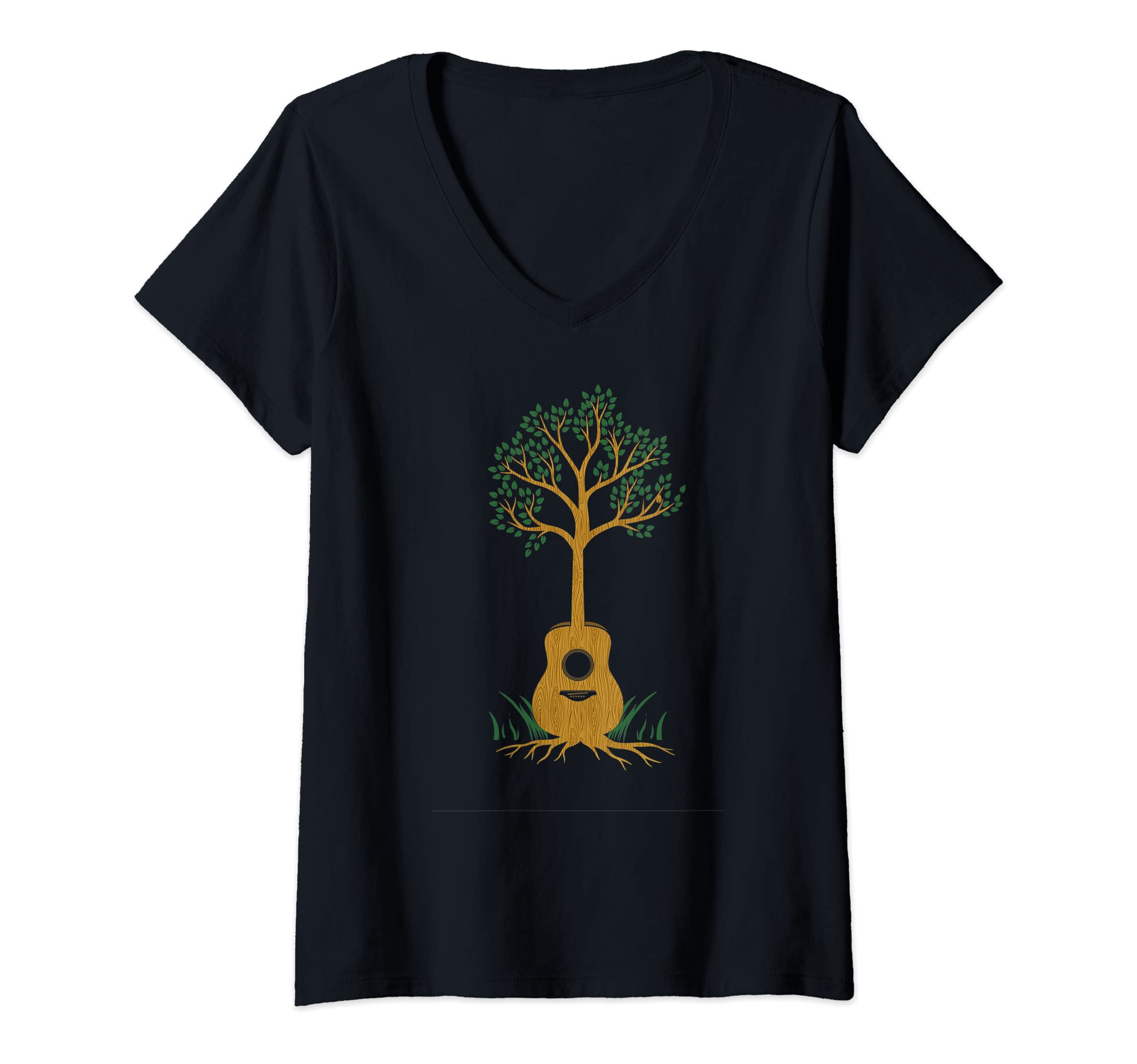 Womens Acoustic Guitar Tree Musician Guitarist - Acoustic Guitar V-Neck T-Shirt, Black