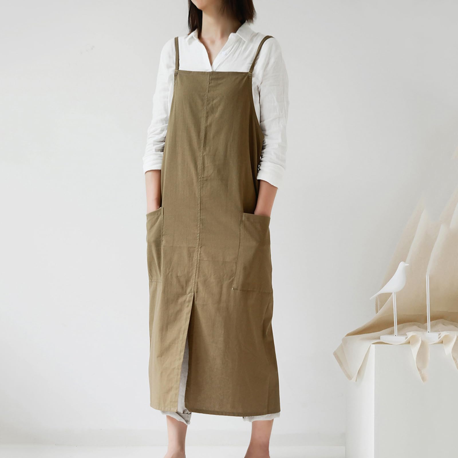 Impermeable Delantal De Algodón Pierna Dividida con Bolsillos Japón Estilo Delantales Cocina Pintura Horneando Trajes De Trabajo para Mujeres Cocinar Y Jardineria Green,One Size