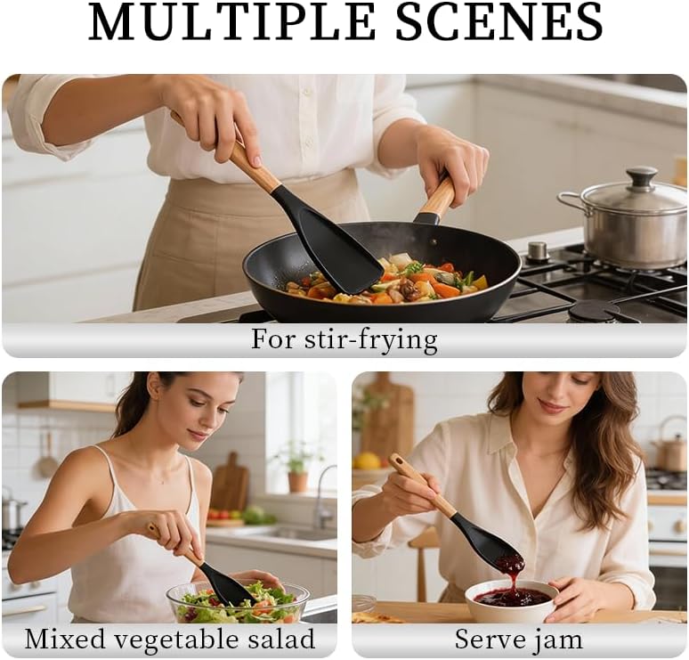 Miniatura 2 de Paquete de 2 cucharas de espátula de silicona con mango de madera, cuchara de cocina multifunción de cedro con cabeza resistente al calor, segura