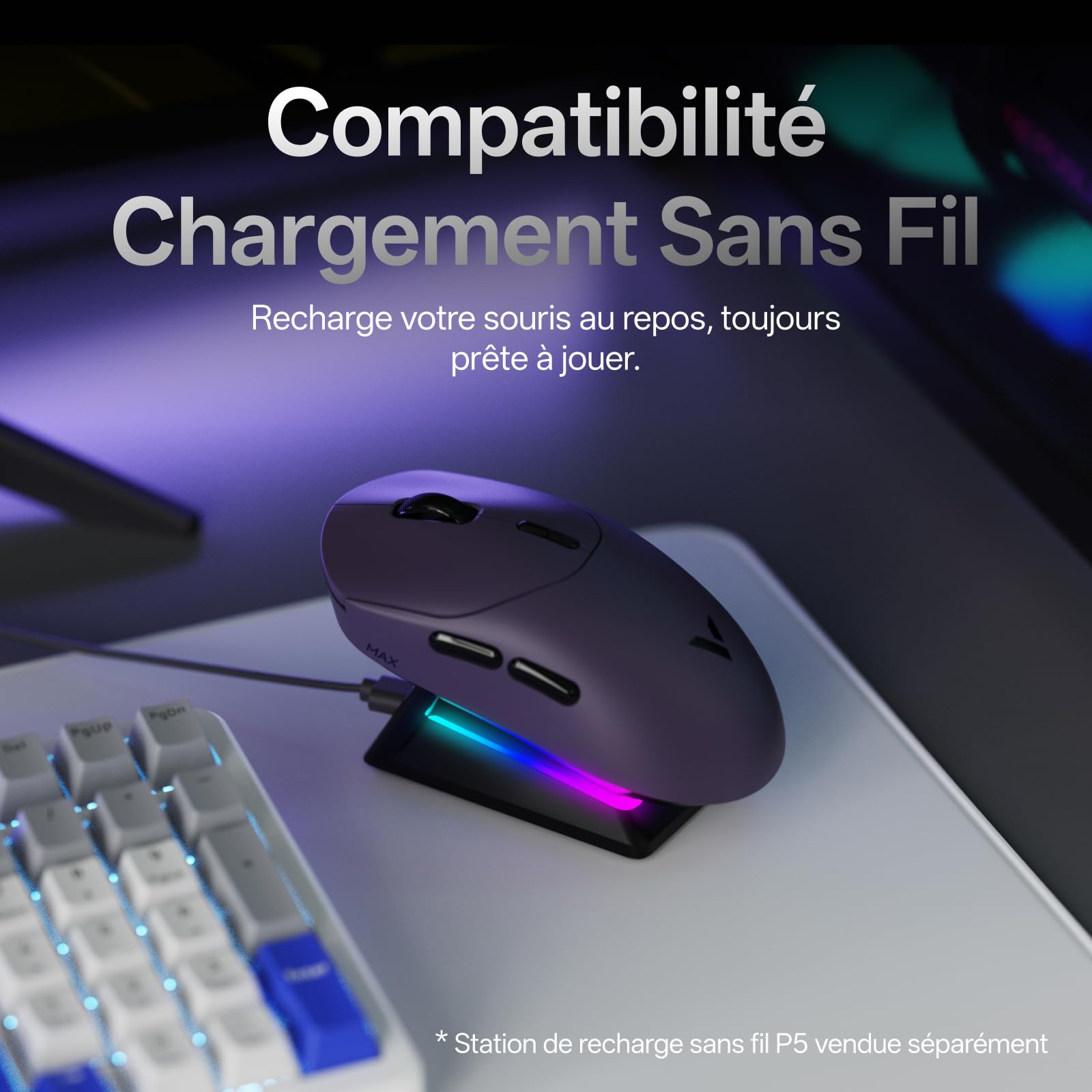Rapoo VT2 Max Souris Gamer sans Fil, Capteur Optique 30K, Polling Rate Réel de 8000 Hz, Ultralégère 53g, 750 h d'autonomie, Jusqu'à 120 Millions de Clics, 10 Boutons Programmables avec Macros, Violet