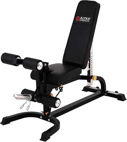 Altas Strength Banco de utilidad ajustable, tres estaciones de entrenamiento en un gimnasio en casa con desarrollador de piernas, accesorio de rizo