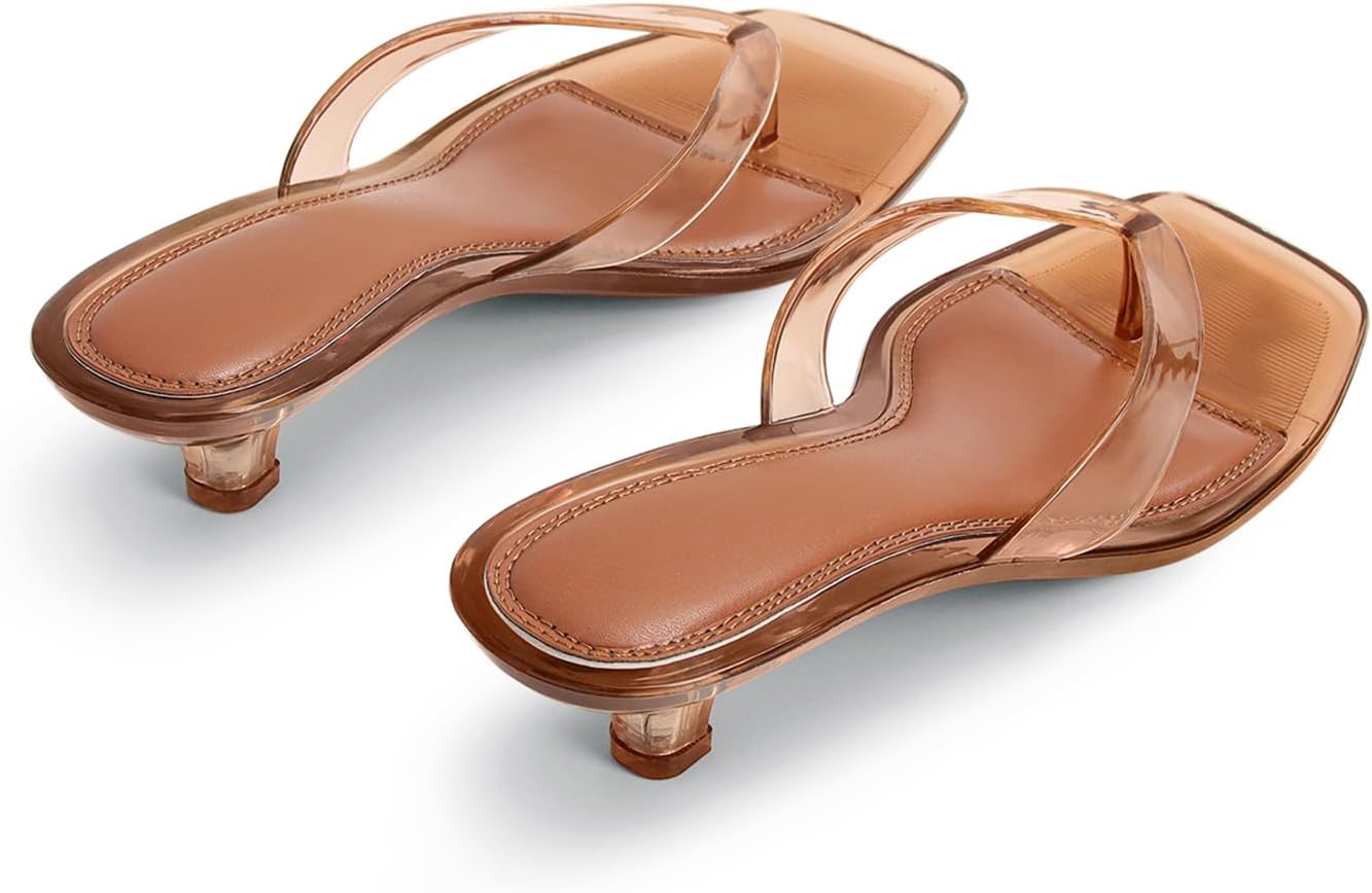 Dsevht Kitten Heels for Women Jelly Square Open Toe Sandals Flip Flop Heel Summer Low Heeled Thong Sandals