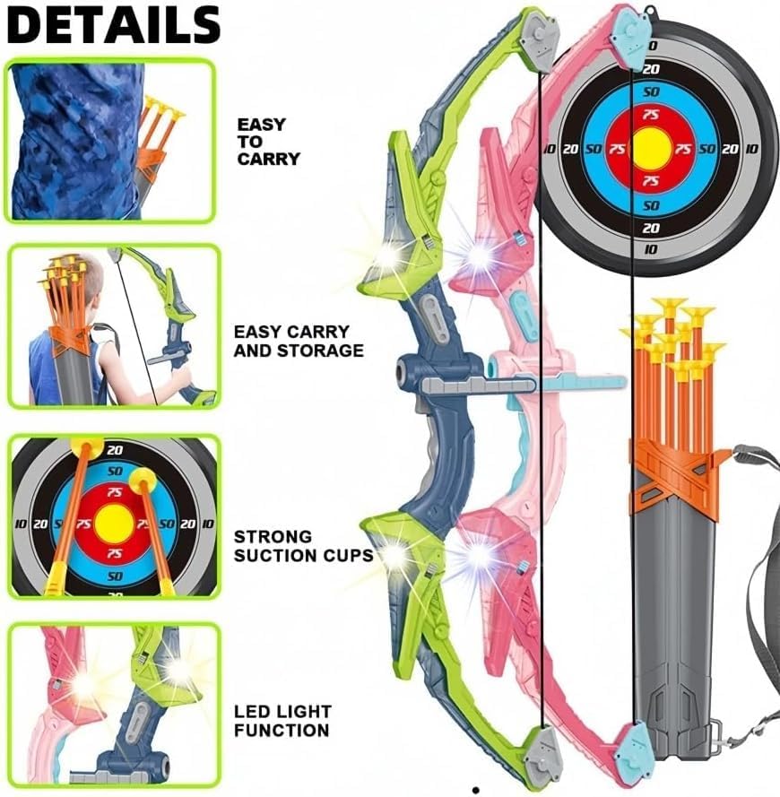 Bow and Arrow Archery Set - LED Light Up Archery Toy Bow and Arrow Set with Suction Cup Arrows and Target, Sports Out