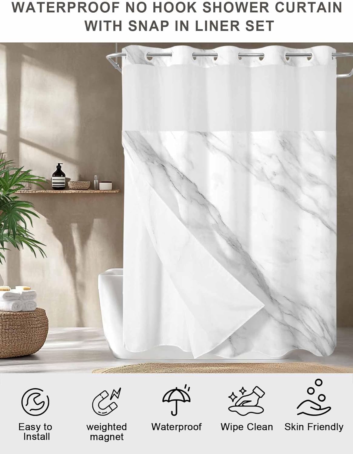 Marble No Hook Shower Curtain with Snap in Liner Set, Modern Grey White Rock Monochrome Simple Waterproof & Washable Fabric, See Through Mesh Top Window Bath Curtain for Bathroom Bathtub Hotel 48"x72"