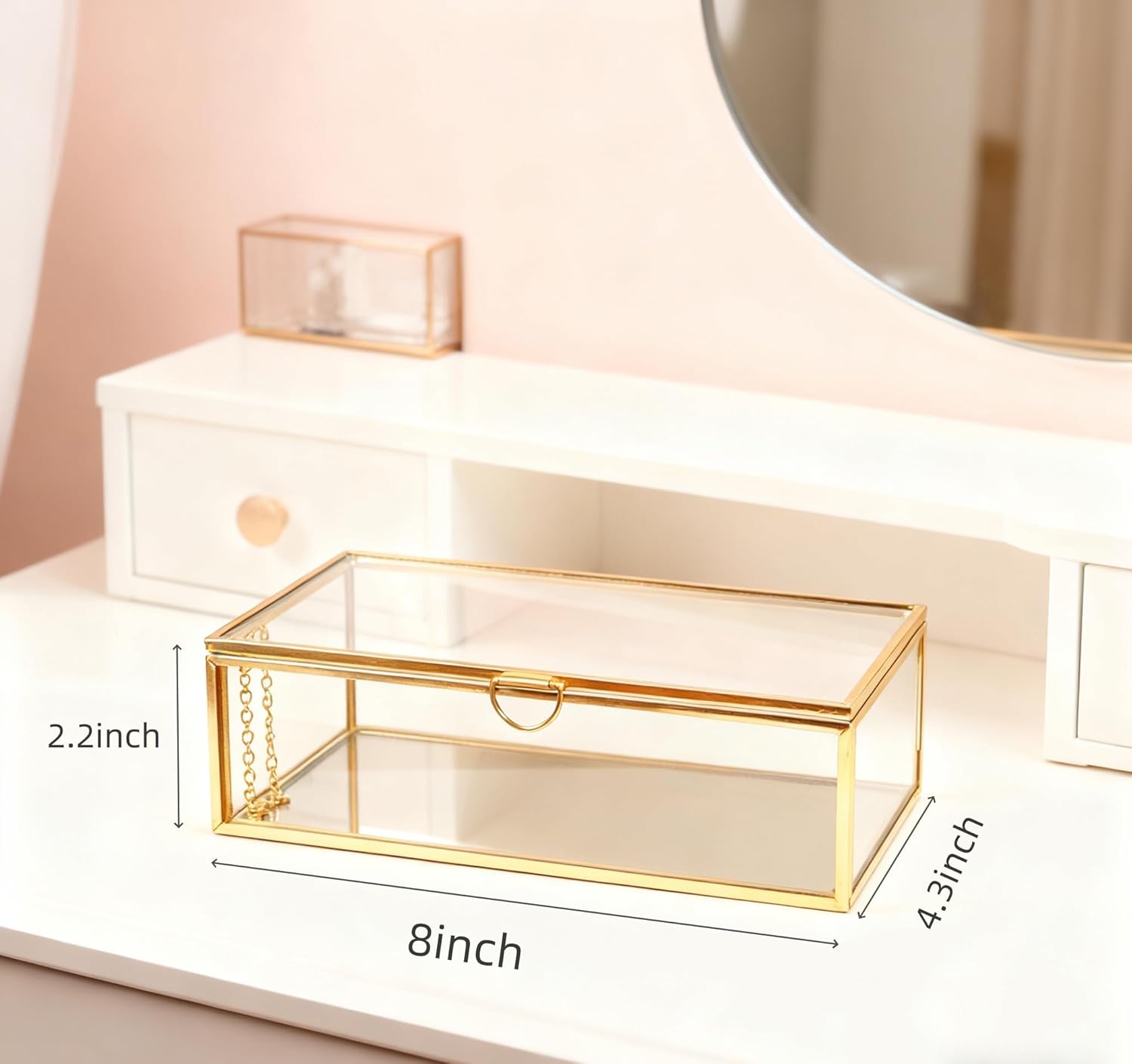 Feyarl Gold Glass Jewelry Box Clear Keepsake Photo Display Box Trinket Ring Earrings Storage Organizer Box Display Case Holder for Dresser Home Decor Wedding (8 x 4.3 x 2.2 inch)
