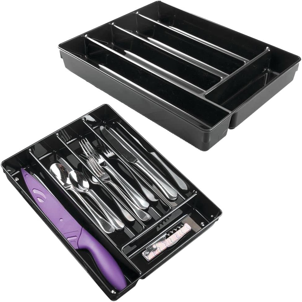 mDesign Plastic Compact Slim Plastic Kitchen Drawer Organizer Tray with 5 Divided Compartments for Storing Cutlery, Silverware, Flatware, Serving Utensils, Gadgets - 2 Pack - Black