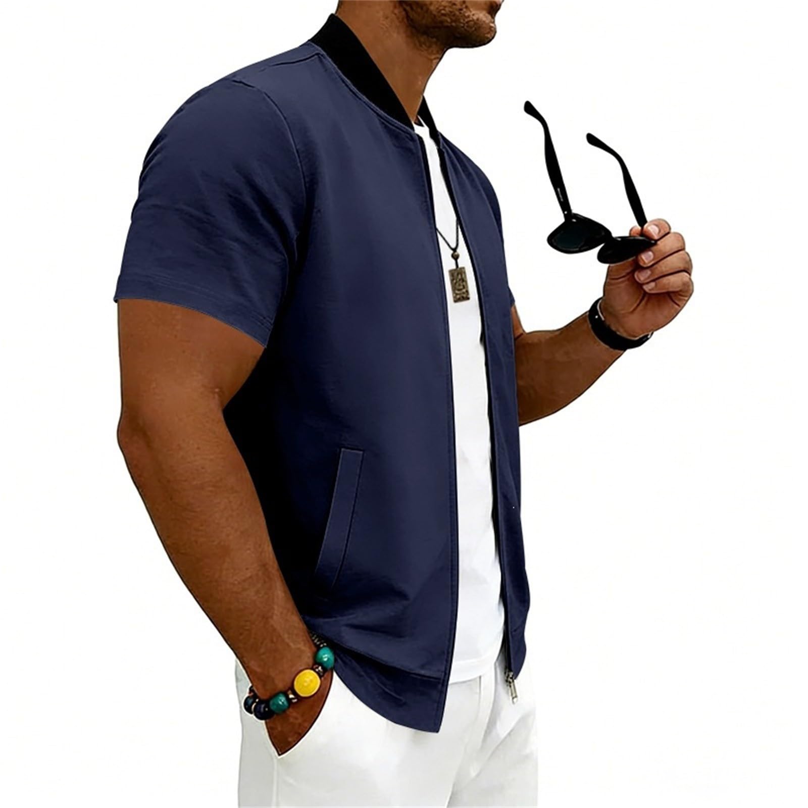 T-Shirts Für Herren Leichte Herren-Fliegerjacke Mit Durchgehendem Reißverschluss, Gerippt, Kurzarm, Lässig, Schmal Geschnitten Hemd Dunkelblau Linen Shirt Men T-Shirt Weiß Overshirt