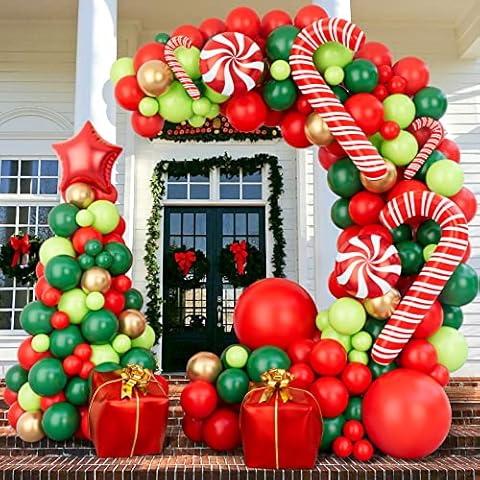 144 Piece Christmas Balloon Garland Arch kit with Xmas Red Gold Fresh Green and Dark Green Balloon Candy Balloons Gift Box Balloons Red Star Balloons for Christmas Party Decorations Cover