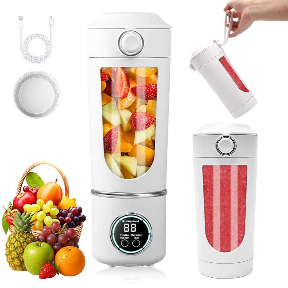 Tragbarer Mixer, 700 ml kleiner Smoothie Mixer, Mini-Standmixer mit 12 Edelstahlklingen und Digitalanzeige, BPA-freie, USB Wiederaufladbarer Mini Standmixer für Smoothie, Saft, Milchshake (Weiß)