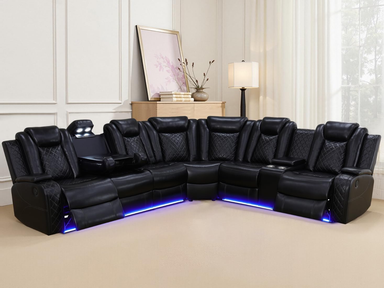 Living Room Furniture Sets, Power Reclining Sofa Set, Black Leather 2 Recliner Sectional with LED Light, Modern Power Recliner Sofa Sets with Cup Holder/Storage Console for Living Room