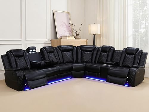 Miniatura 17 de Juego de sofá reclinable eléctrico con luz LED, sofá seccional de cuero, juegos de muebles para sala de estar, juegos modernos de sofá reclinable