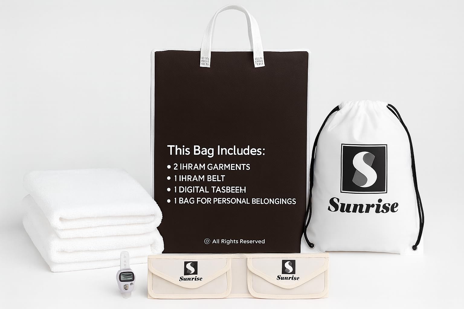 Complete Ihram Package for Hajj and Umrah - 1 Set of Cotton Ihram Garments, 2 Pockets-Belt, Digital Tally Counter, Bag for Personal Belongings - Comfortable, Lightweight, and Breathable Pilgrimage Set