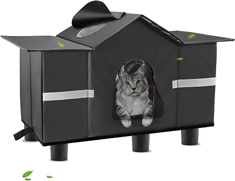 Outdoor Cat House Weatherproof - Insulated Cat Shelter for Outside with Roof Window - 100% Waterproof, Safe Escape Door- Ideal for Feral Barn Stray Cats Kitty Black, Large