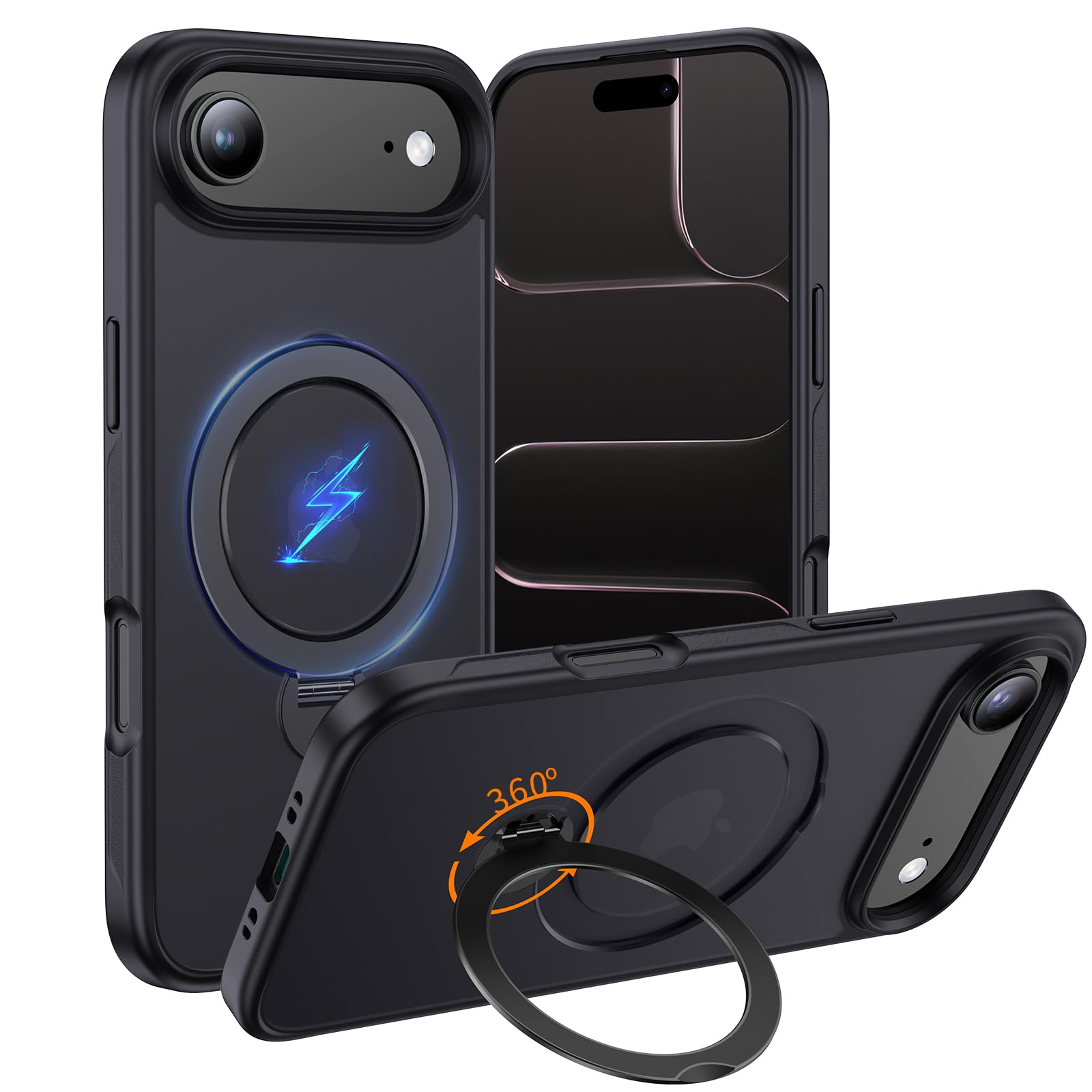 KWLZBFU いphone17air ケース MagSafe対応 【定点360度回転スタンド】 縦横両対応 半透明 マット感 マグネット搭載 黄変防止 滑り止め 耐衝撃 傷防止 iphone air ケース 6.5インチ（ブラック）