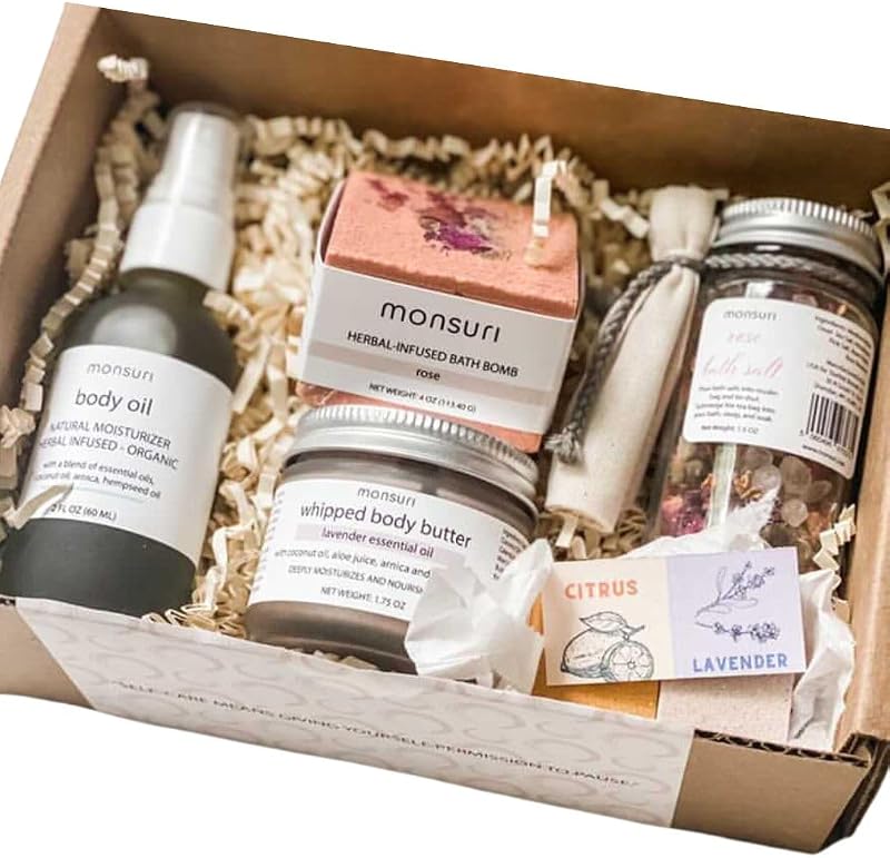 Monsuri Conjunto de presentes para cuidados pessoais com acessórios de banho e produtos para a pele