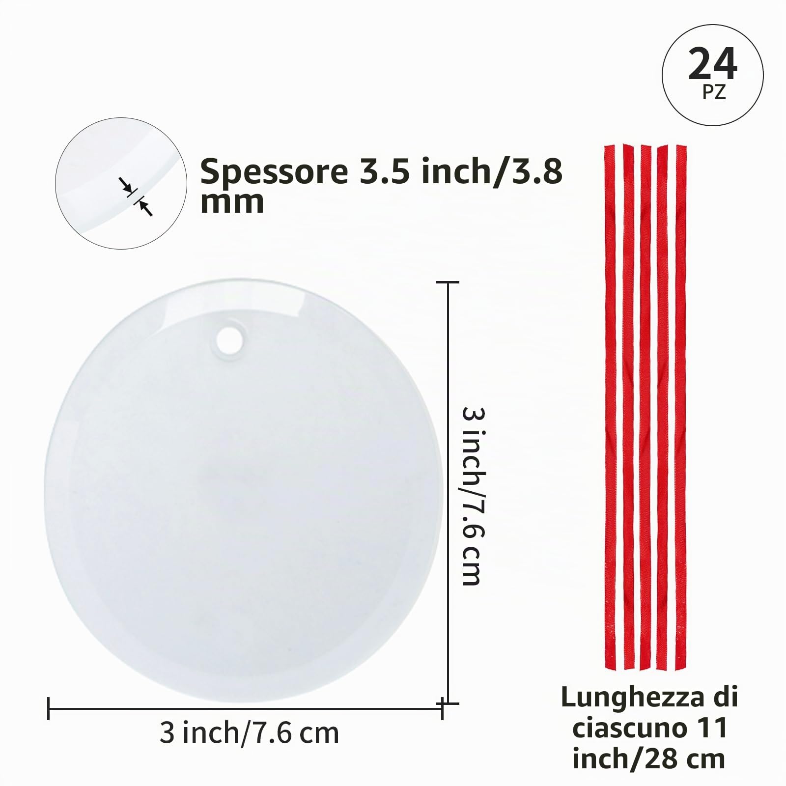 PYD Life 24 pezzi sublimazione ornamento vuoto vetro 7,6 cm ornamento rotondo con nastro rosso per fai da te artigianato personalizzato casa decorazione natalizia bulk