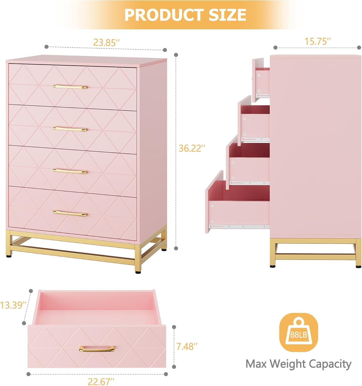 Garvee Commode à 4 Tiroirs pour Chambre, Commodes Modernes avec Tiroirs Larges et Poignées Métalliques, Commodes en Bois 61x40x93 cm (Rose)
