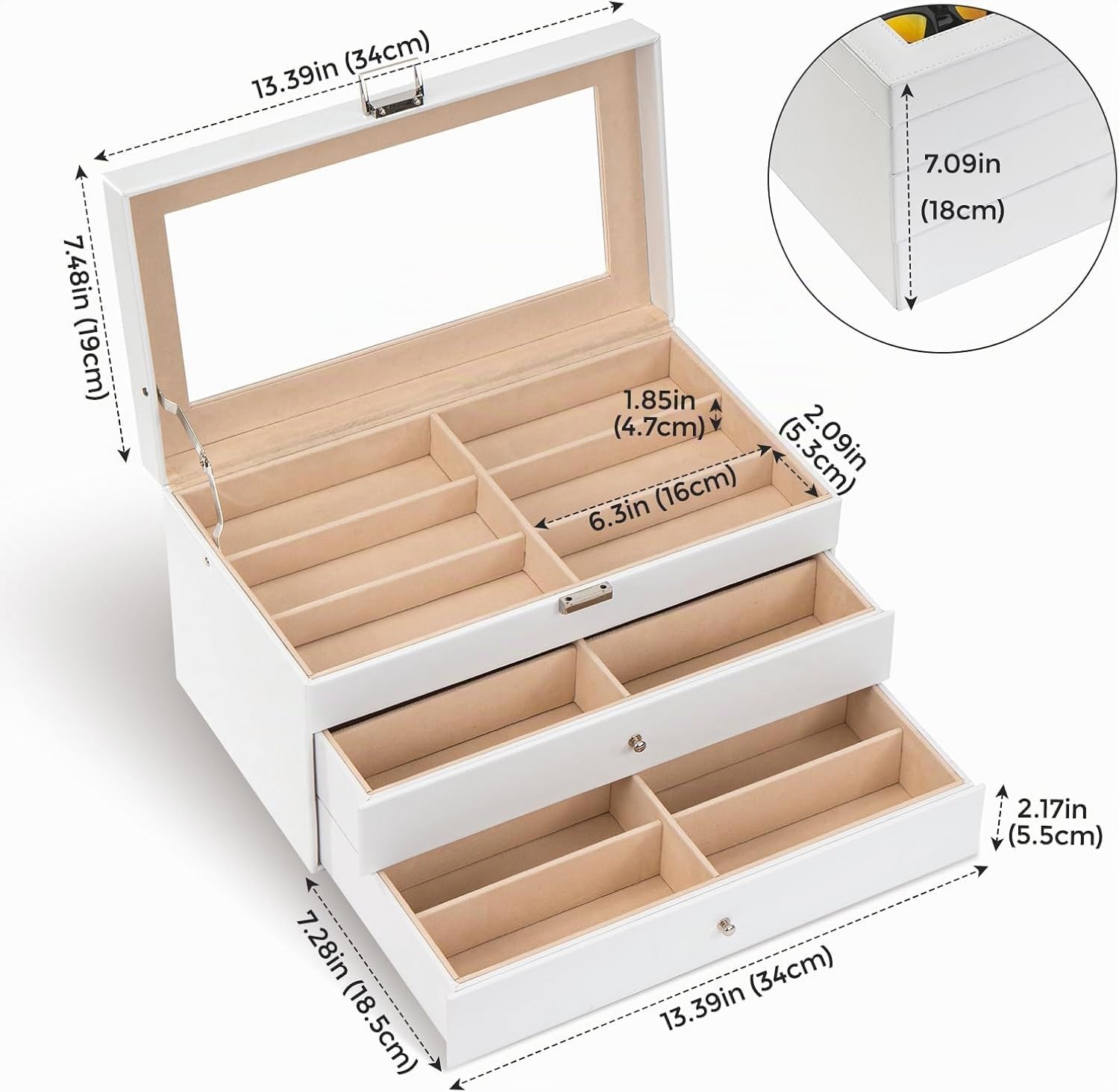 ProCase 3 Etagen Brillenbox 18 Sonnenbrillen Displaybox Aufbewahrungsbox aus Leder Brillenschatulle Brillenkoffer mit Glasdeckel