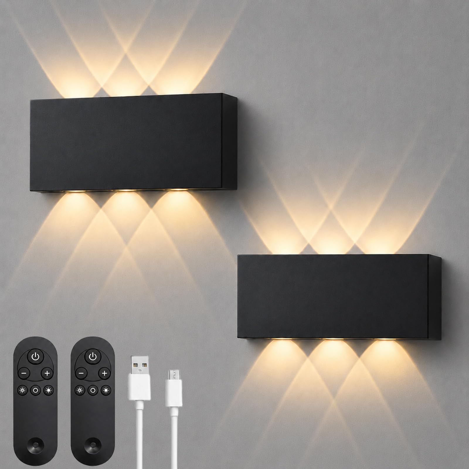 Shelprojsu Black Led Cordless Wall Sconce, 5200Mah Rechargeable Battery Operated Wall Lamp With Remote Control, 3 Colors And Dimmable Magnetic Wireless Wall Light (, 2 Pcs)