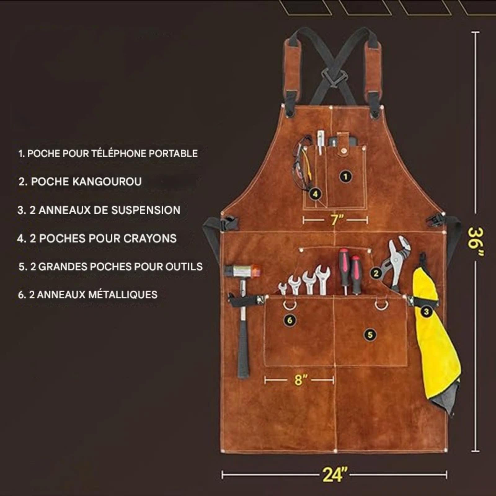 Tablier de soudure en cuir pour homme, 6 poches pour homme - Résistant à la chaleur - Protection contre les flammes - En cuir de vache - Pour atelier, forgeron, armurier - Rangement d'outils