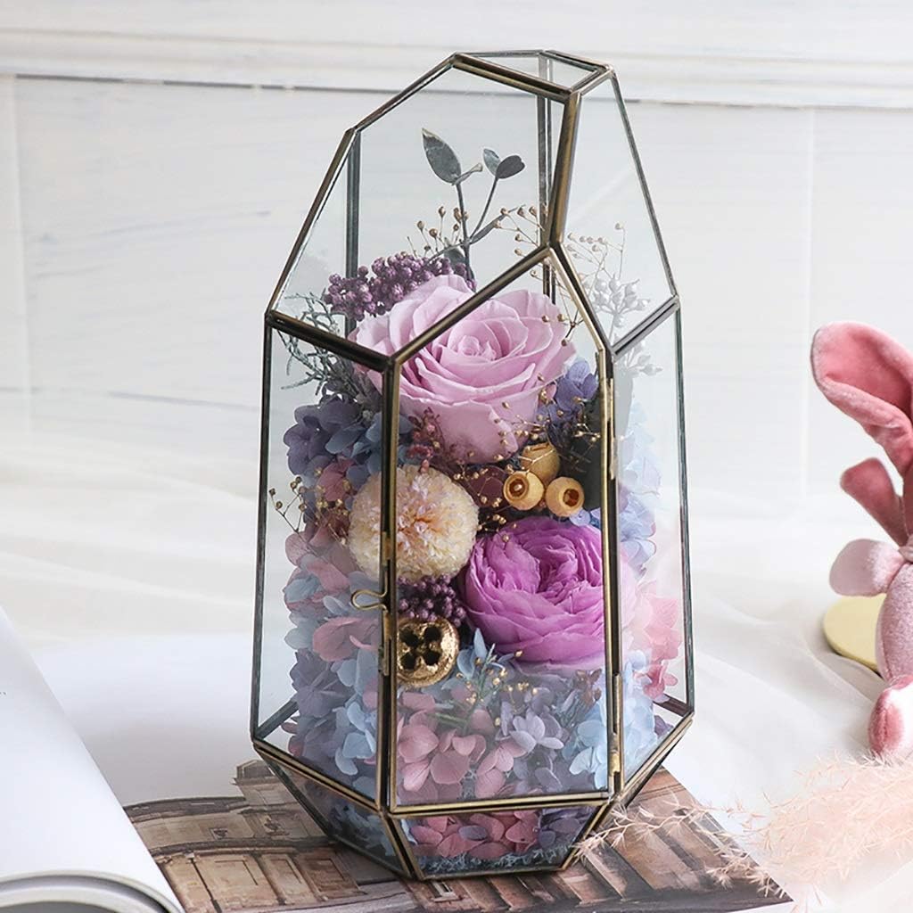 L Preserved Flower Rose Polygonal Glass Flower Room Open Door Design Birthday DIY Gift Box Decoration Christmas and Valentine's Day (Color :) (Green)
