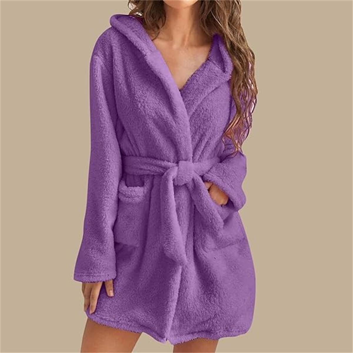 Accappatoio da donna sfocato, di media lunghezza, con cintura, con tasche, per autunno e inverno, caldo e accogliente con cappuccio (viola, S)