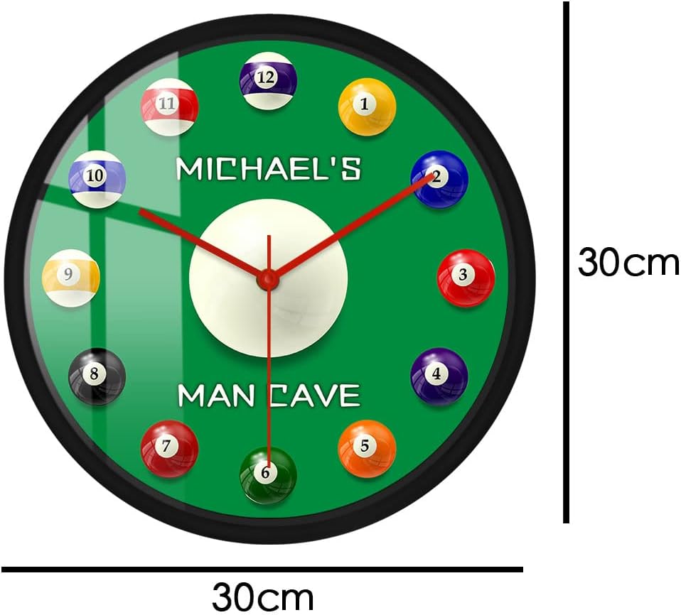 12 Inch Billiard Balls Metal Frame Wall Clock, Modern Silent Quartz Non Ticking Battery Operated Snooker Game Analog Round Wall Clock Watch for Bedroom Man Cave Game Room Playroom Club Bar