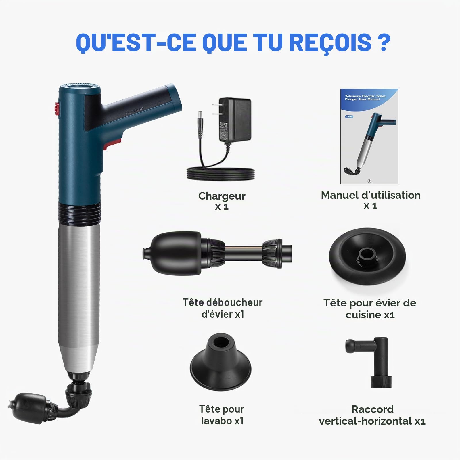 Deboucheur Canalisation Professionnel avec Baromètre, Déboucheur Canalisation avec 4 Ventouses, Gants et Pince à Griffes, Électrique Deboucheur WC pour Toilettes, Tuyaux de Cuisine