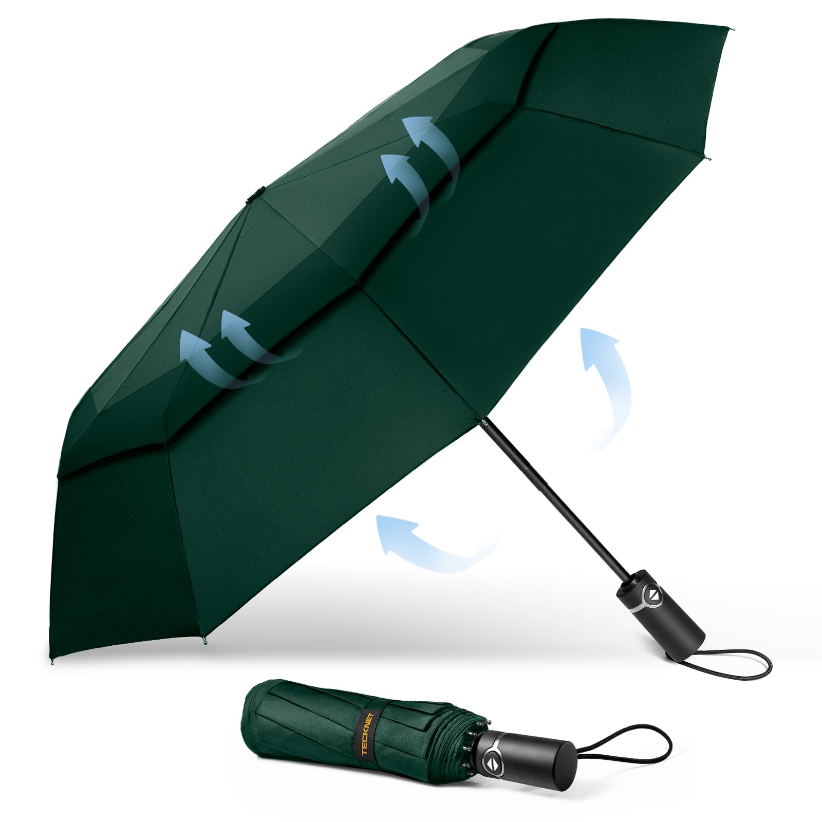 TECKNET Windproof Umbrella - Strong Compact Travel Automatic, Large Wind Resistant with 10 Ribs, Folding Lightweight Golf Automatic for Rain, Green