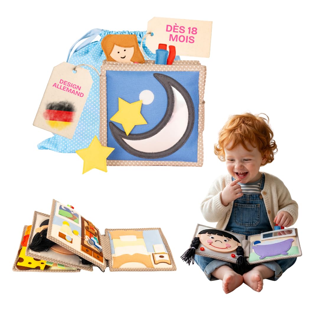 Jolly Designs Quiet Book - Jouet Montessori à partir de 18 mois - Livre sensoriel en tissu pour enfants - Livre Busy Book en feutre fait à la main - Jouet éducatif et jouet de voyage
