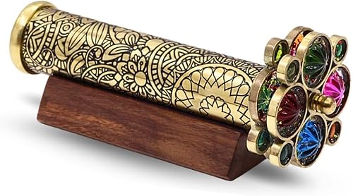 Vista 10 de Caleidoscopio de latón lacado con patrón floral grabado a mano, incluye dos ruedas giratorias separadas, un regalo único para mi hijo, nieto, hija.