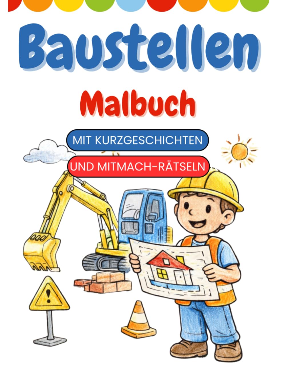 Baustellen Malbuch: Mit Kurzgeschichten und Mitmach-Rätseln: Für Jungen und Mädchen ab 3 Jahren – Bagger, Kran & Baustelle zum Ausmalen, Vorlesen und Miträtseln