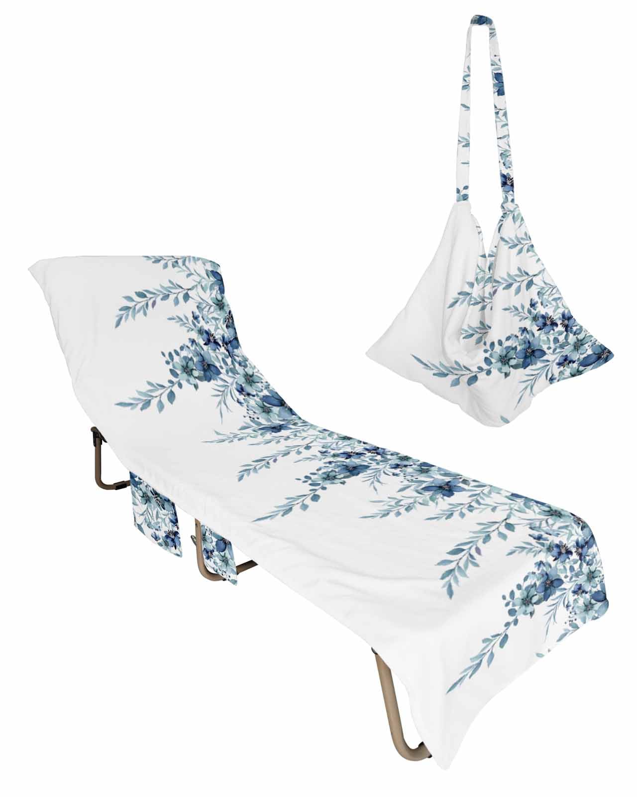 Blue Eucalyptus Leaves Beach Chair Towel Covers for Chaise Lounge with Side Pocket, Soft Plush Pool Towels Cover for Patio Sunbathing Outdoor 29''x85'' Weeping Blossom Vine Leaves