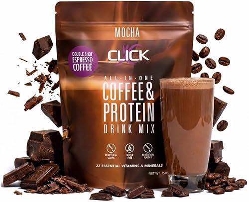 CLICK Proteína de Café, Proteína y Café Real Todo en Uno, Bebida Nutricional de Reemplazo de Comida, Sabor Mocha, 23 Vitaminas Esenciales, Café