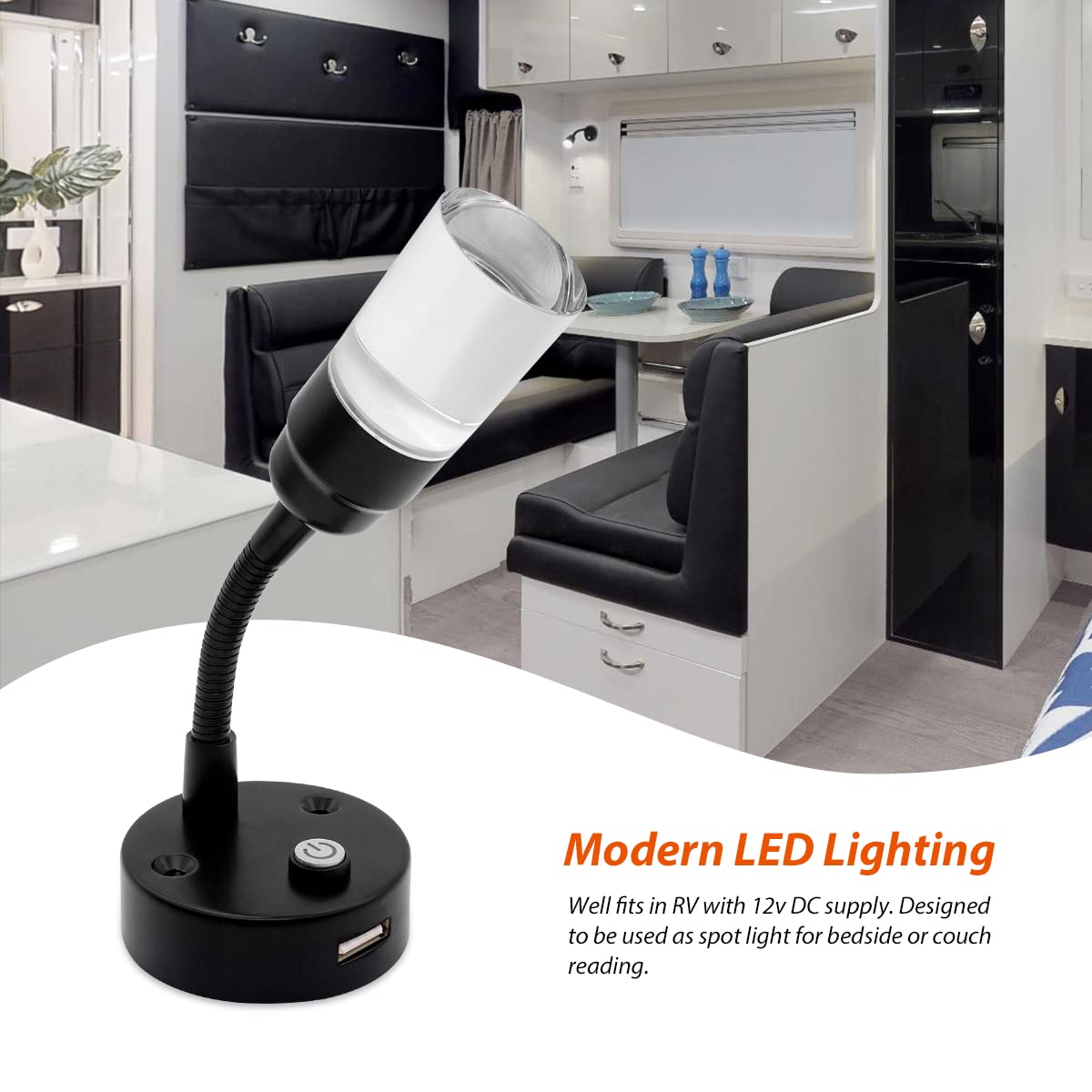 Dream Lighting Czarny czytnik e-booków LED 12 V z USB do kampera, przyczepy kempingowej, łodzi kempingowej, RV, lampa punktowa LED, 12 V, ciepła biel, 3000 K, oświetlenie wewnętrzne 2 W, 100 lm, 2