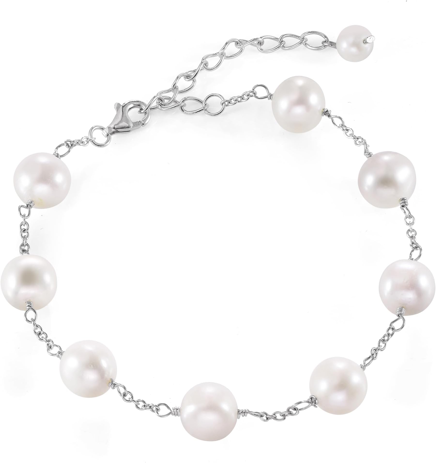 Pearl Bracelets for Women 925 Sterling Silver Rhodium Plated with 8-9mm White Cultured Freshwater Pearl Bracelet 7.5inches Adjustable